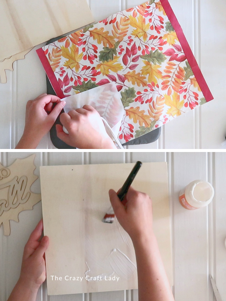iron out paper napkin wrinkles and Mod Podge square wood sign