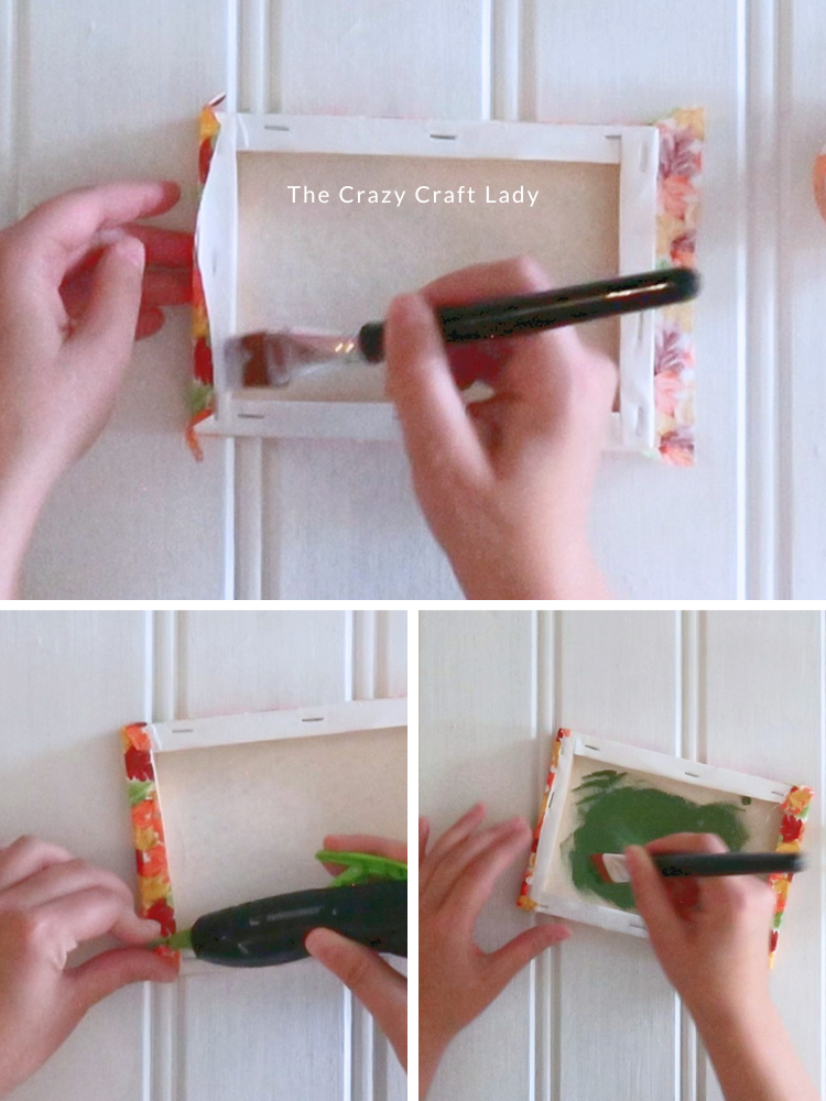 mod podge fabric over sides of stretched canvas and paint back green
