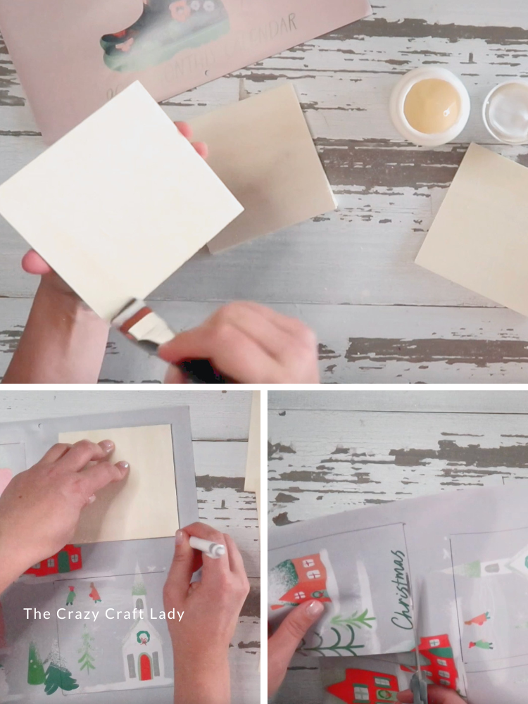 mod podge wood squares and cut calendar page to match