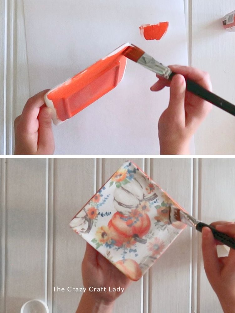 paint bottom of dish orange and seal fabric top with Mod Podge