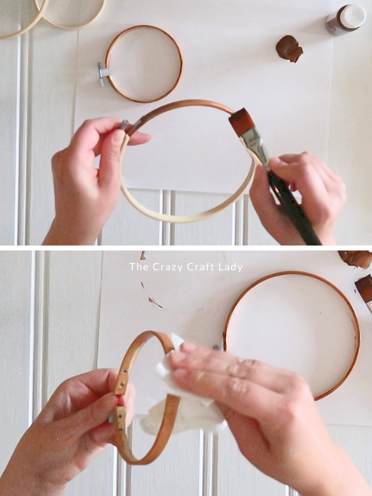 stain embroidery hoop and wipe away excess