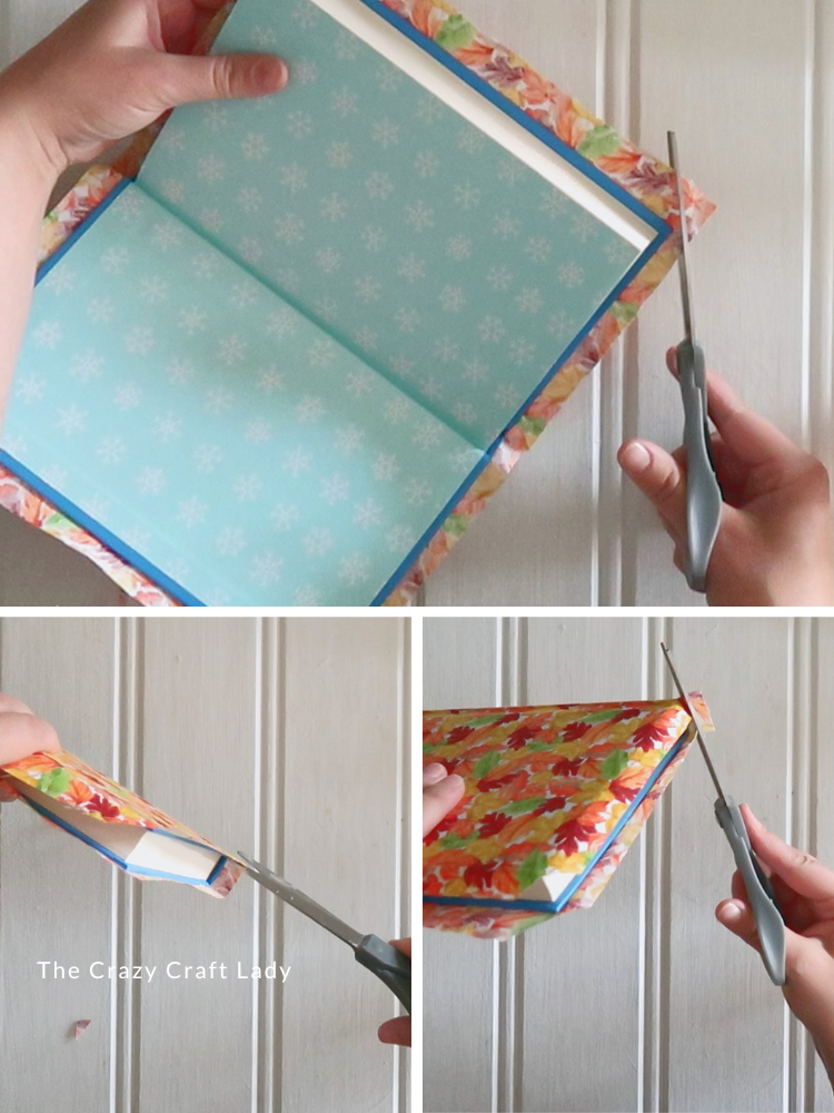 trim fabric at book corners and at book spine
