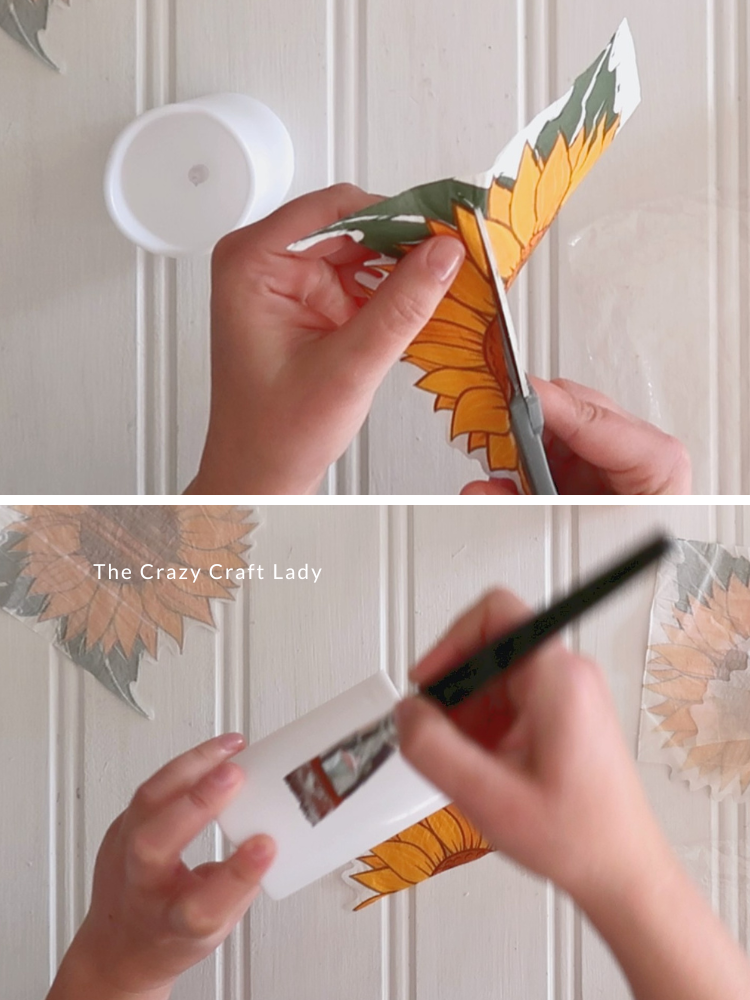 Cut napkin section and add Mod Podge to candle