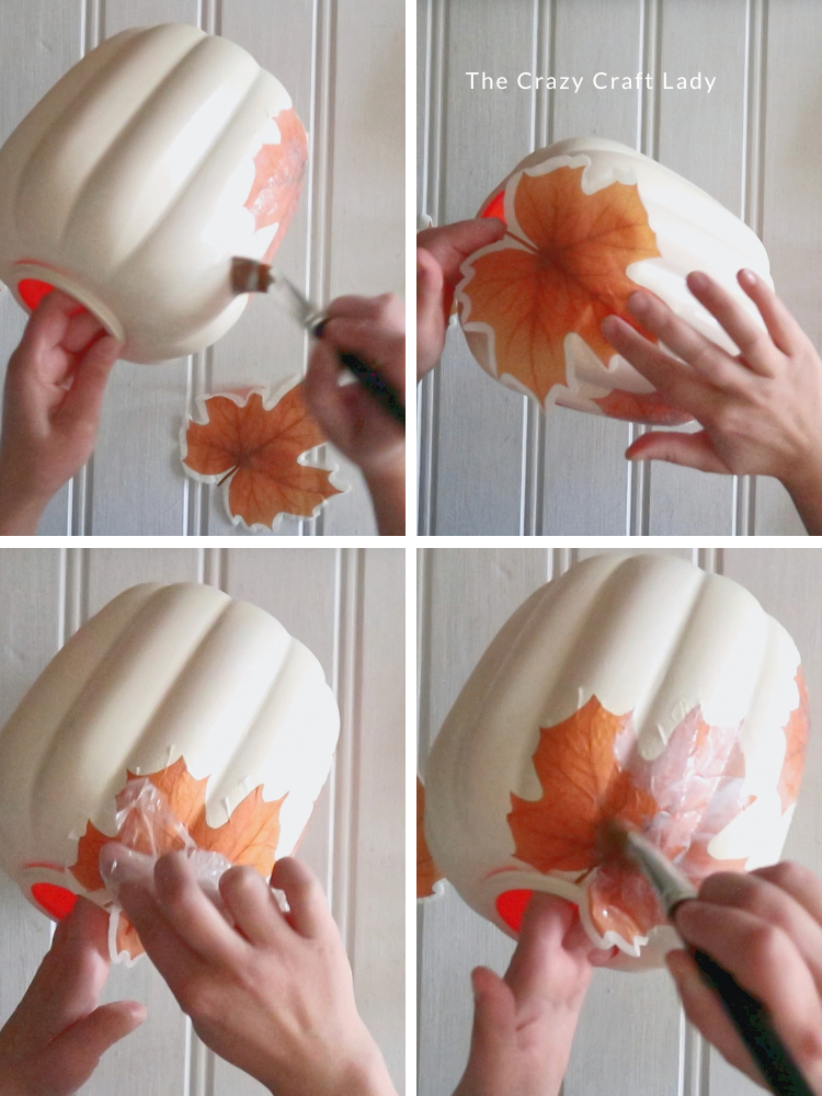 How to decoupage a leaf napkin onto a plastic pumpkin with Mod Podge