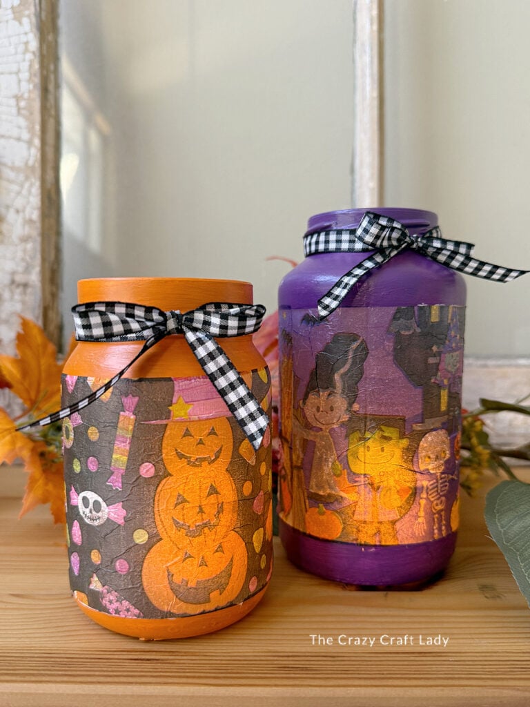 Upcycled Halloween Glass Jar Lanterns with Decoupage Paper Napkins