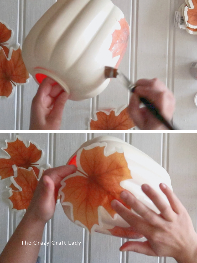 add Mod Podge to pumpkin and smooth on leaf napkin