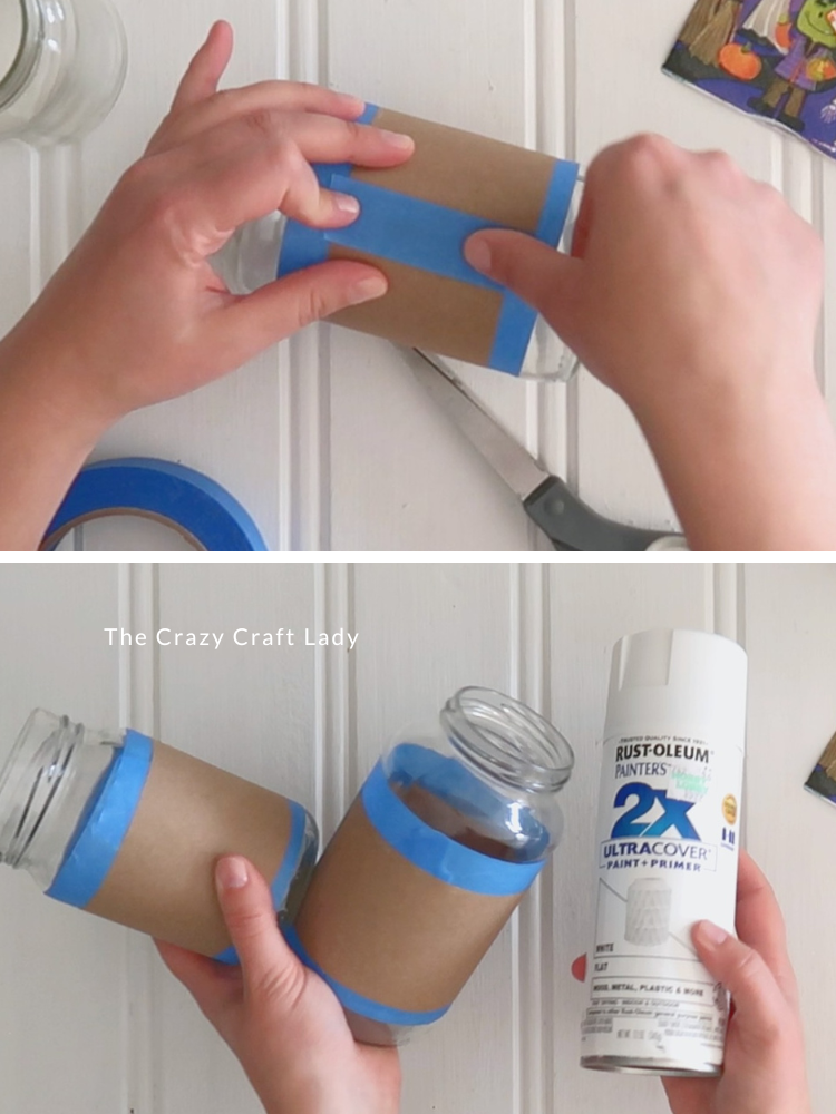 cover center section of glass jars with painters tape and brown paper