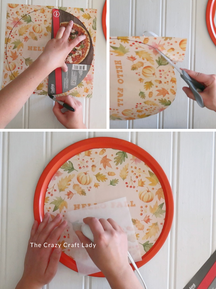 cut calendar page and heat press to pizza pan