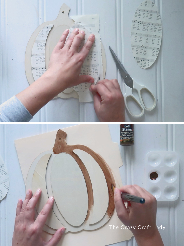 cut sheet music pages and stain wood pumpkin