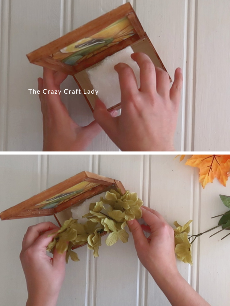 fill mini wood crate with faux florals