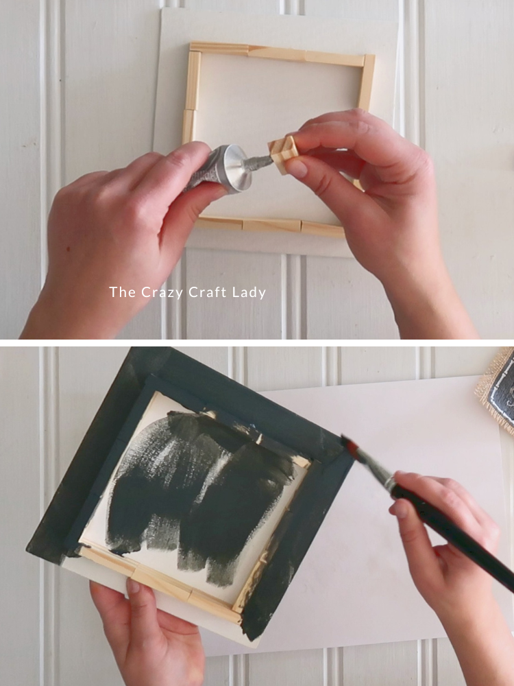 glue tumbling tower pieces to flat canvas and paint black
