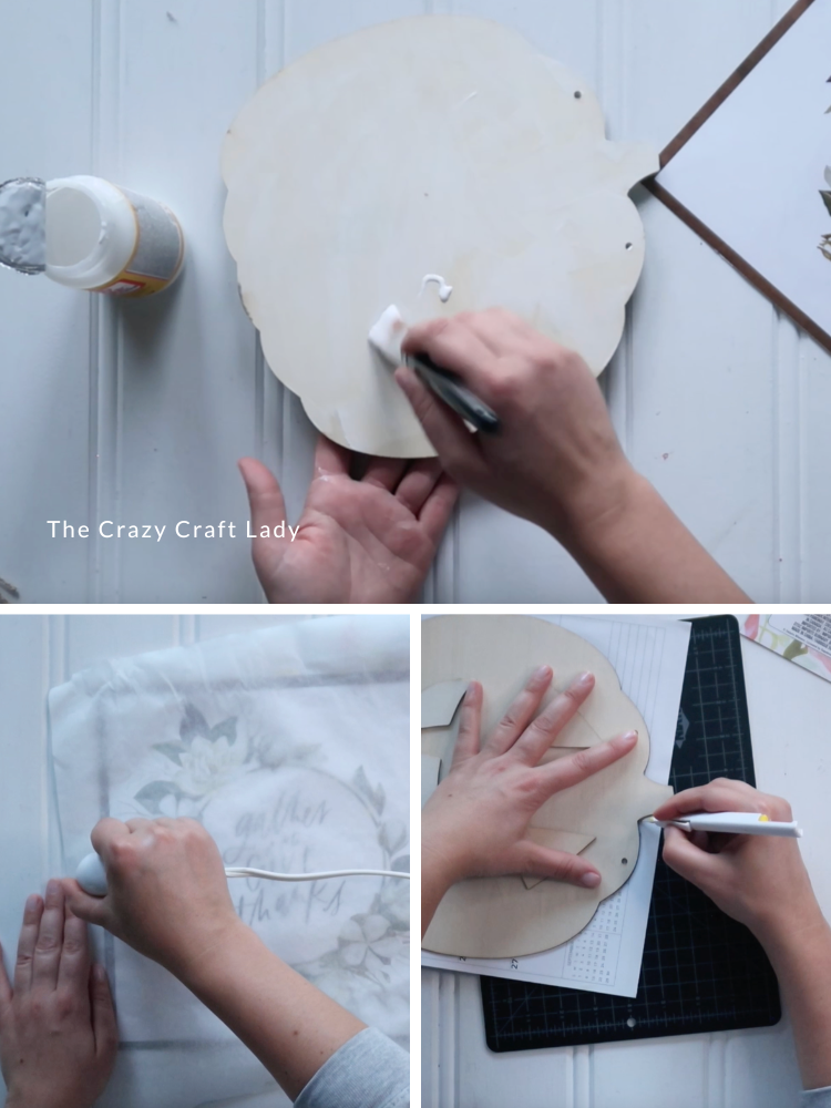 mod podge and heat press calendar page to wood pumpkin