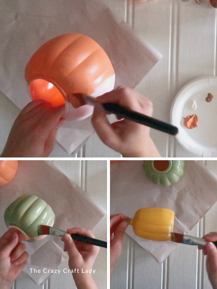 paint the three pumpkins orange green and yellow