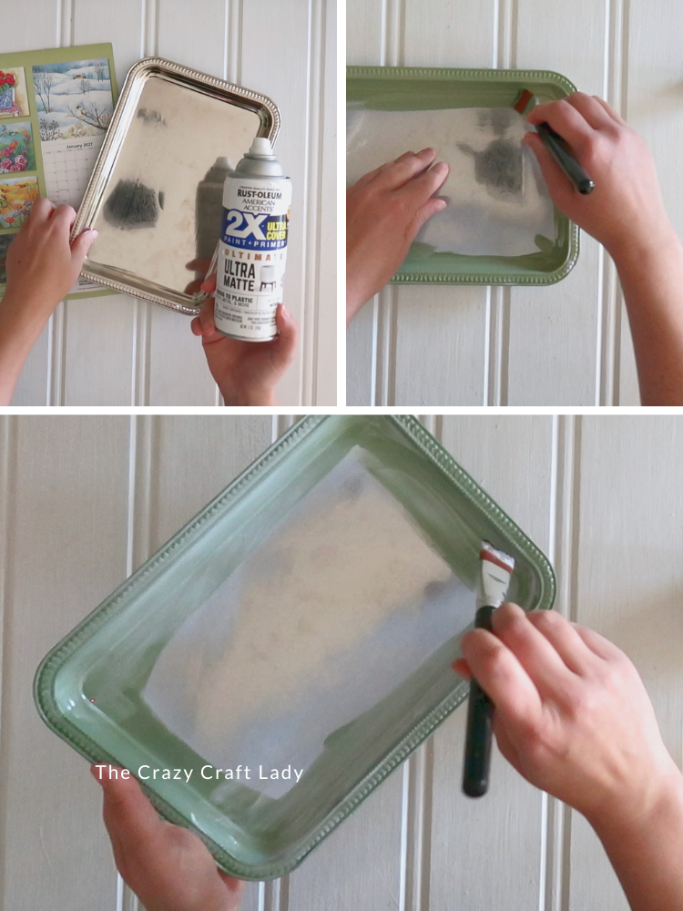 paint tray edges green and coat the whole tray with Mod Podge