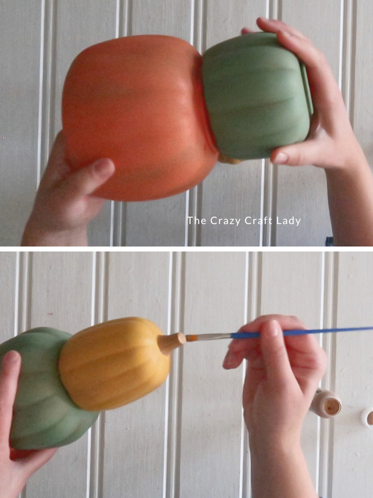 reassemble the three pumpkin stack and paint the top stem brown