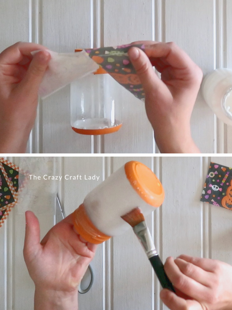 separate napkin layers and coat glass jar with Mod Podge