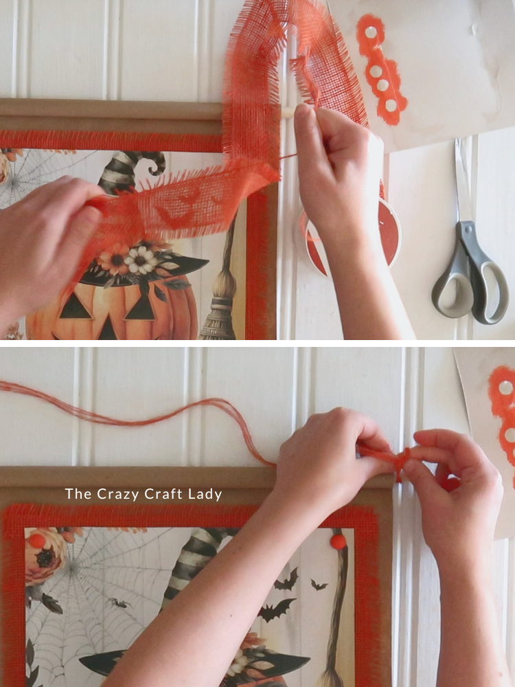 separate orange burlap strands and tie to both ends of wood dowel