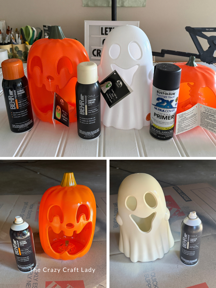 spray paint plastic jack o lanterns orange cream and black