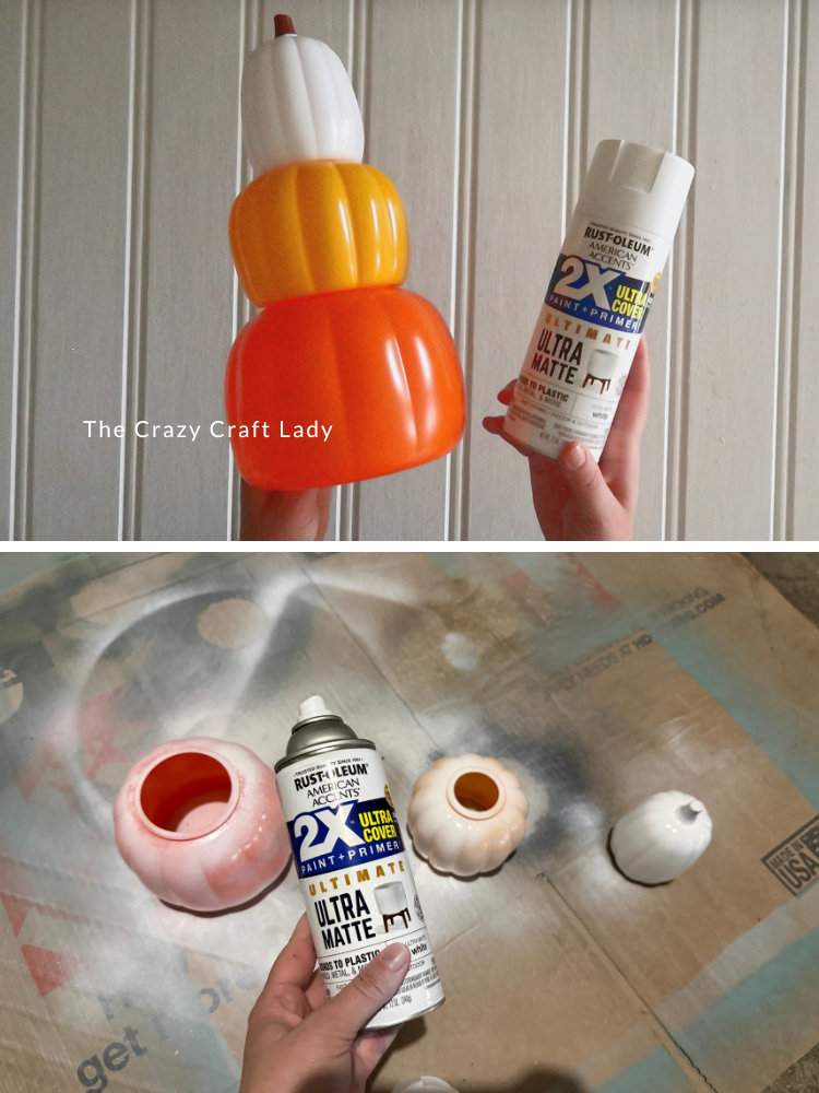 spray paint the three plastic pumpkins white