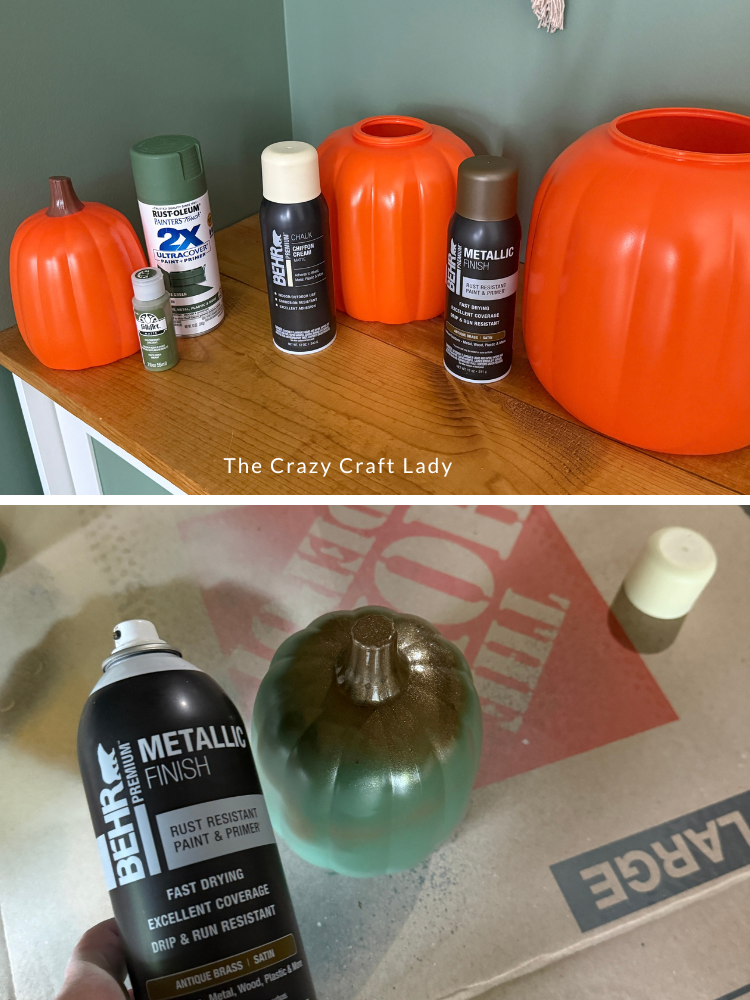 spray paint the three plastic pumpkins