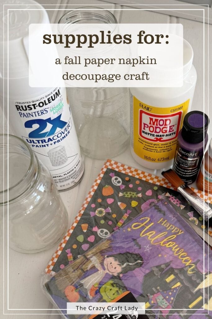 supplies for a Halloween napkin decoupage lantern craft