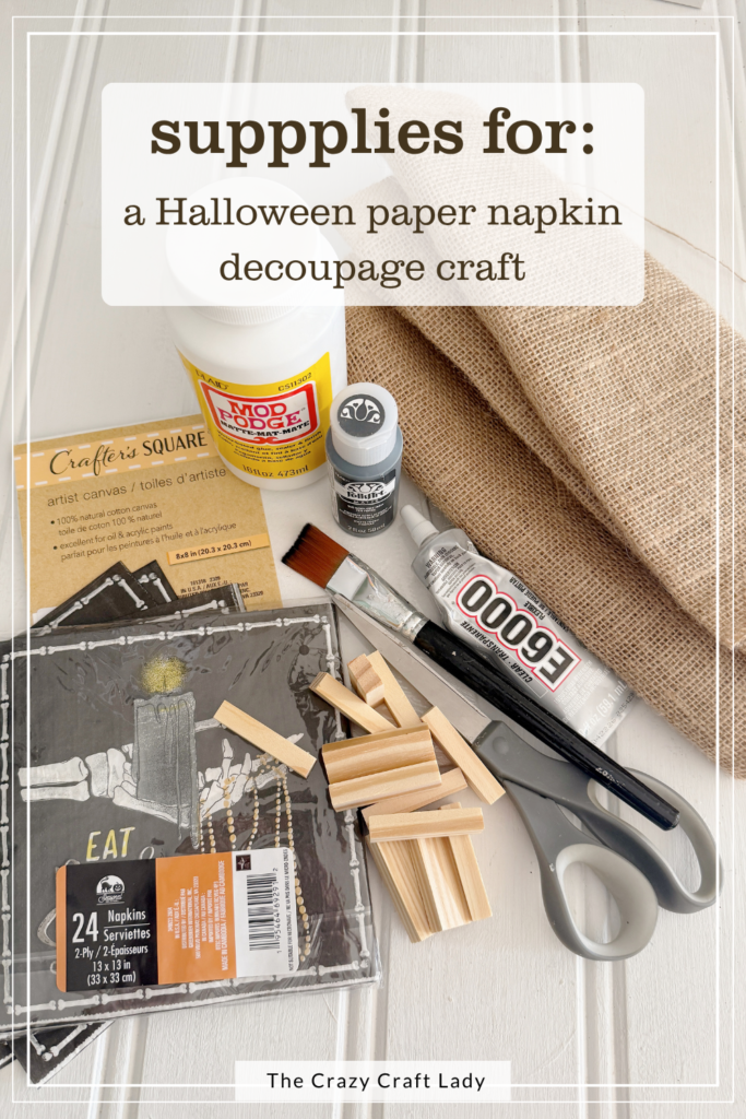 supplies for a Halloween paper napkin and burlap decoupage craft