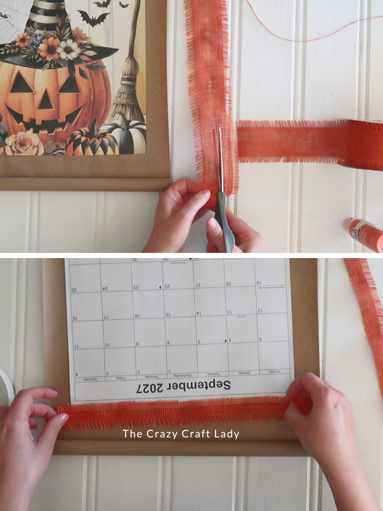 tape orange burlap around calendar page edges