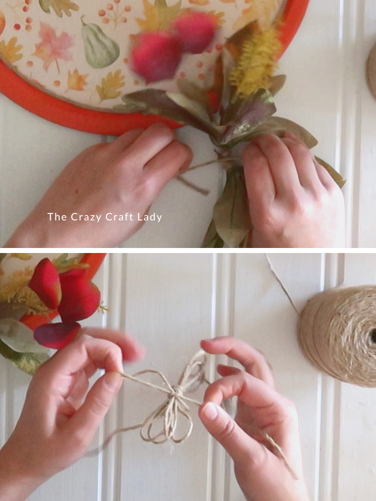 tie together faux floral bundle and twine bow