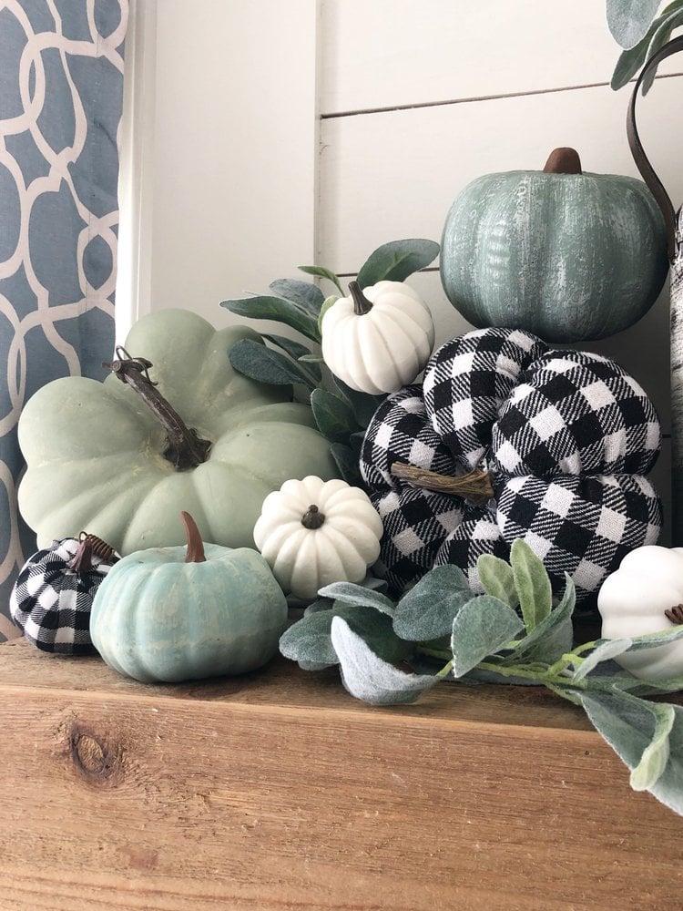 Blue and green chalk painted Dollar Tree foam pumpkins