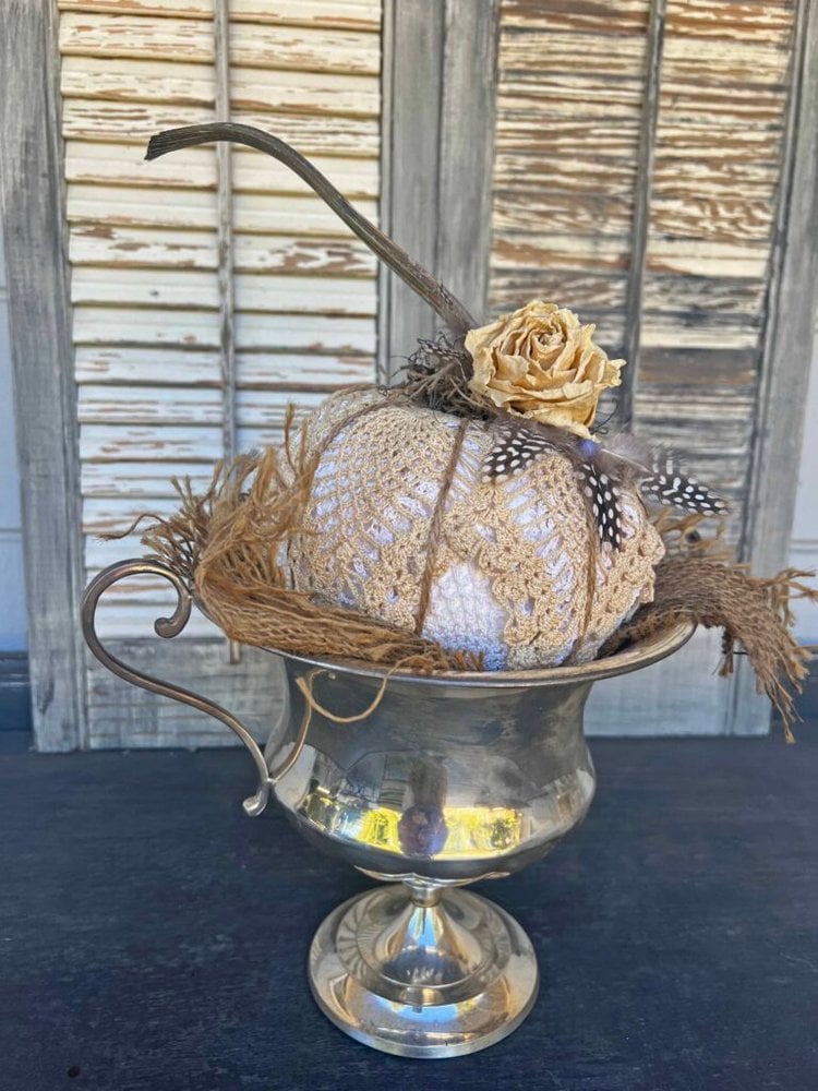 Boho doily covered Dollar Tree foam pumpkin