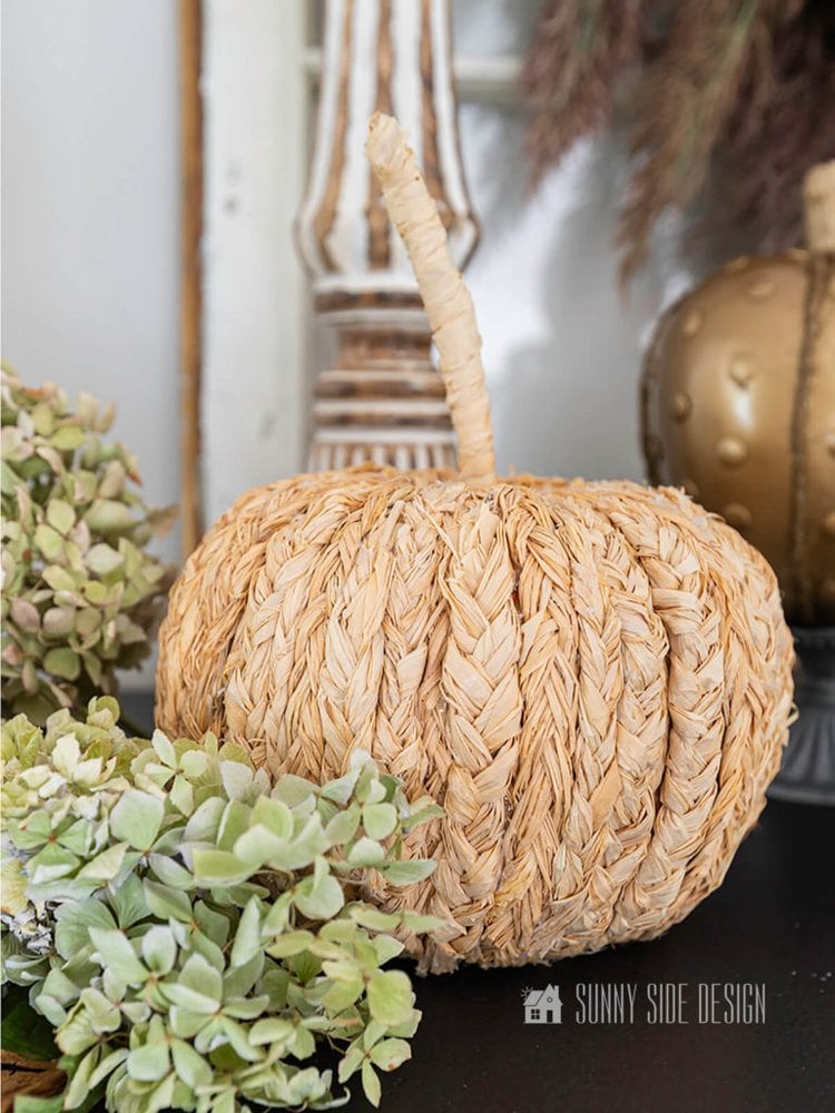 Braided raffia pumpkin made from a dollar store foam pumpkin