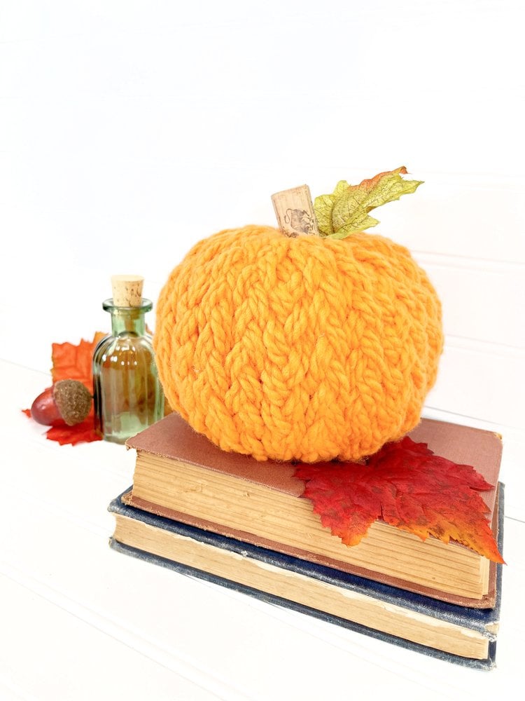 Braided yarn sweater pumpkin made from a Dollar Tree foam pumpkin