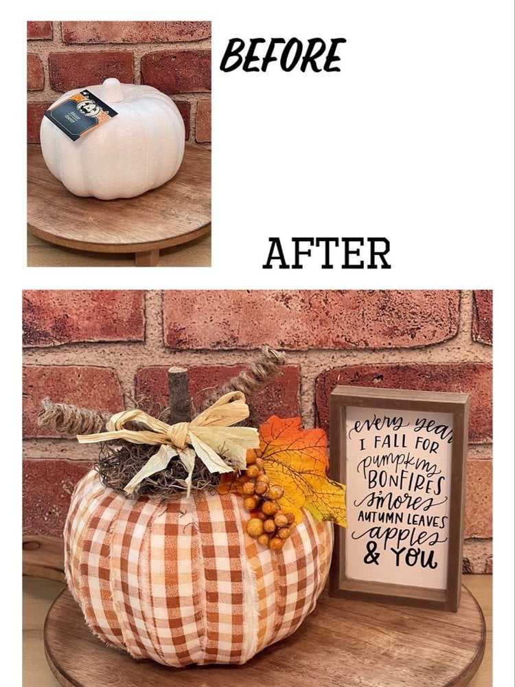 Buffalo check fabric Dollar Tree foam pumpkin before and after