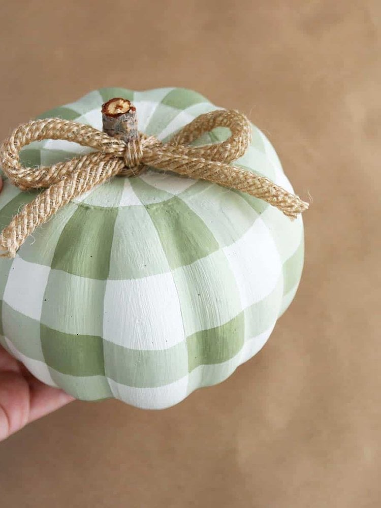 Green buffalo plaid painted Dollar Tree foam pumpkin
