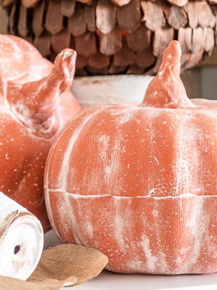 Faux terracotta pumpkins made from Dollar Tree foam pumpkins