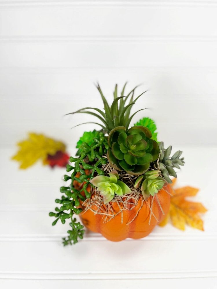 Dollar Tree foam pumpkin filled with faux succulents and moss