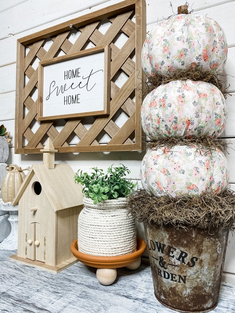 Napkin decoupage Dollar Tree foam pumpkin topiary