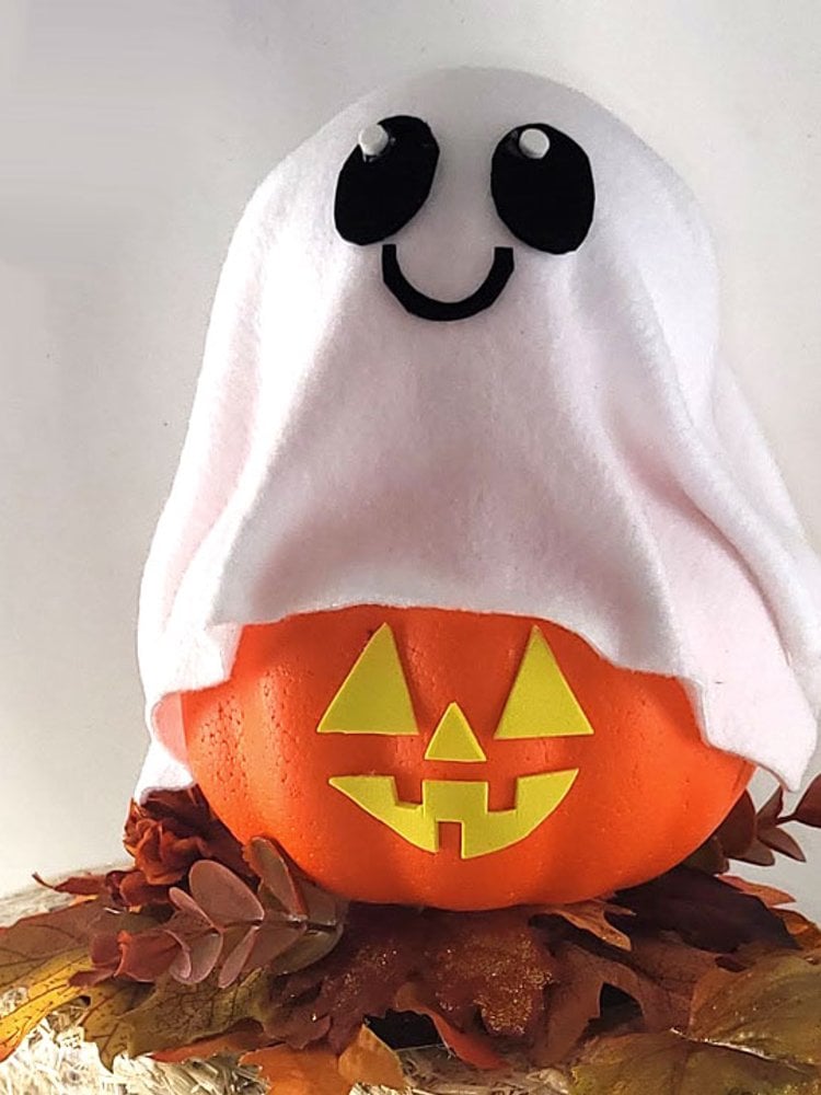 No-carve ghost made from a Dollar Tree foam pumpkin