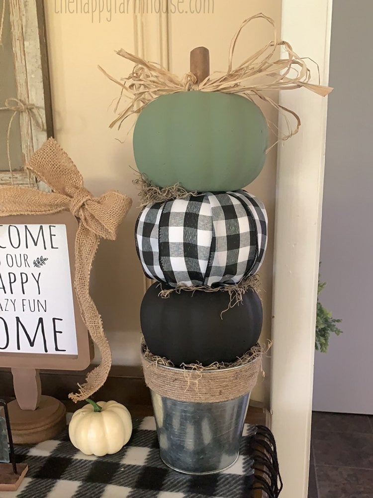 Green, buffalo check and black Dollar Tree foam pumpkin topiary