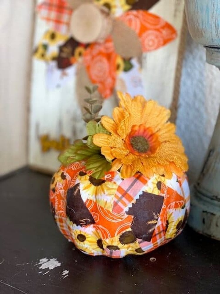 Patchwork fabric Dollar Tree foam pumpkin with sunflower