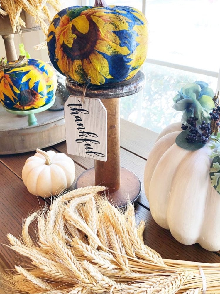 Sunflower napkin decoupage dollar store foam pumpkins