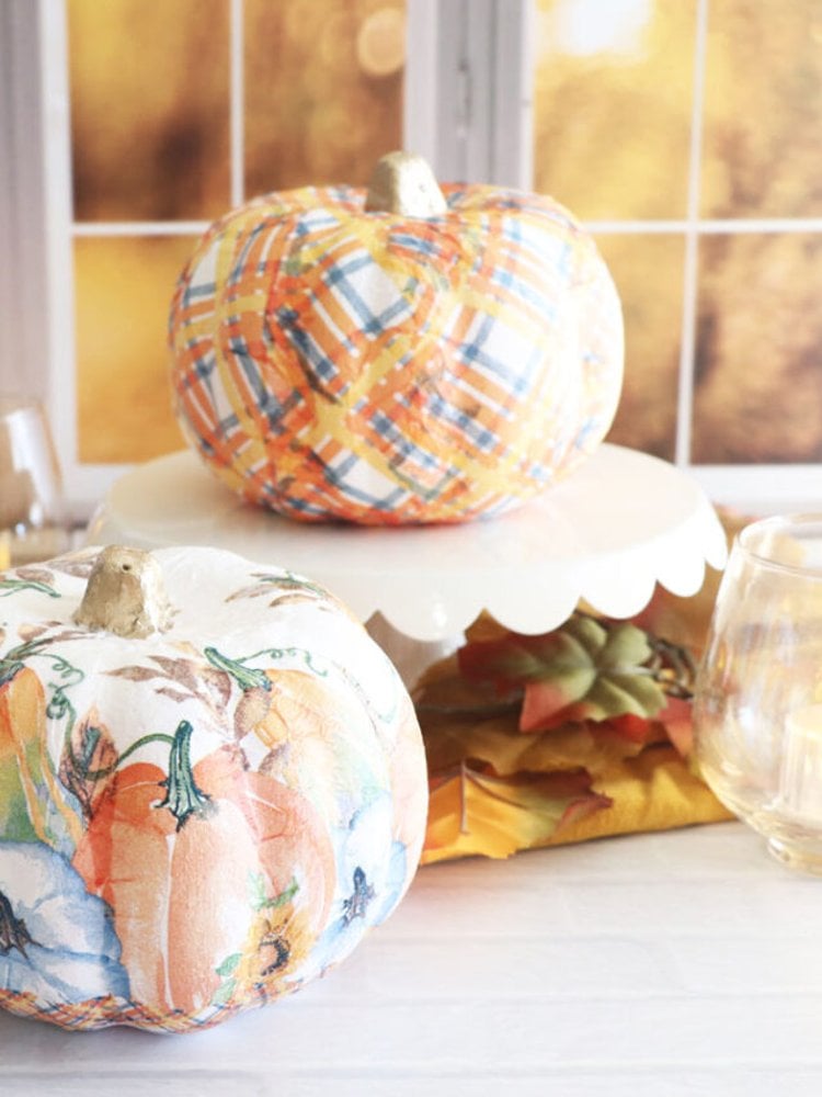 Napkin decoupage Dollar Tree foam pumpkins with gold stems