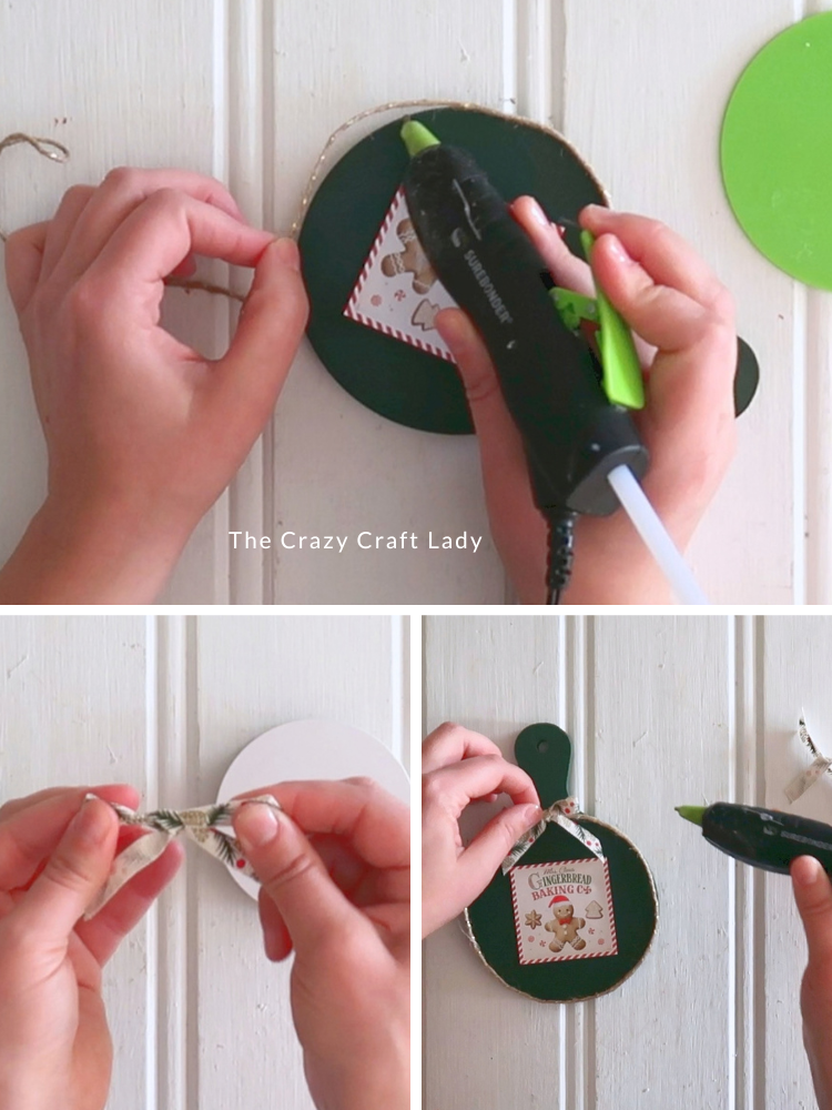 embellish cutting board with twine and a bow using hot glue