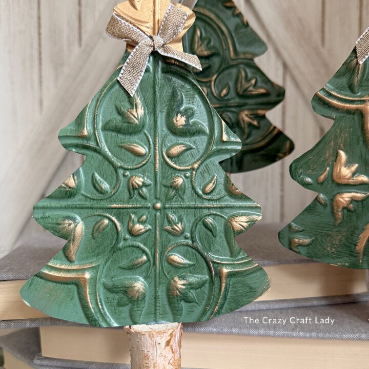 Dollar Store Tin Tile Christmas Trees with Birch Log Bases