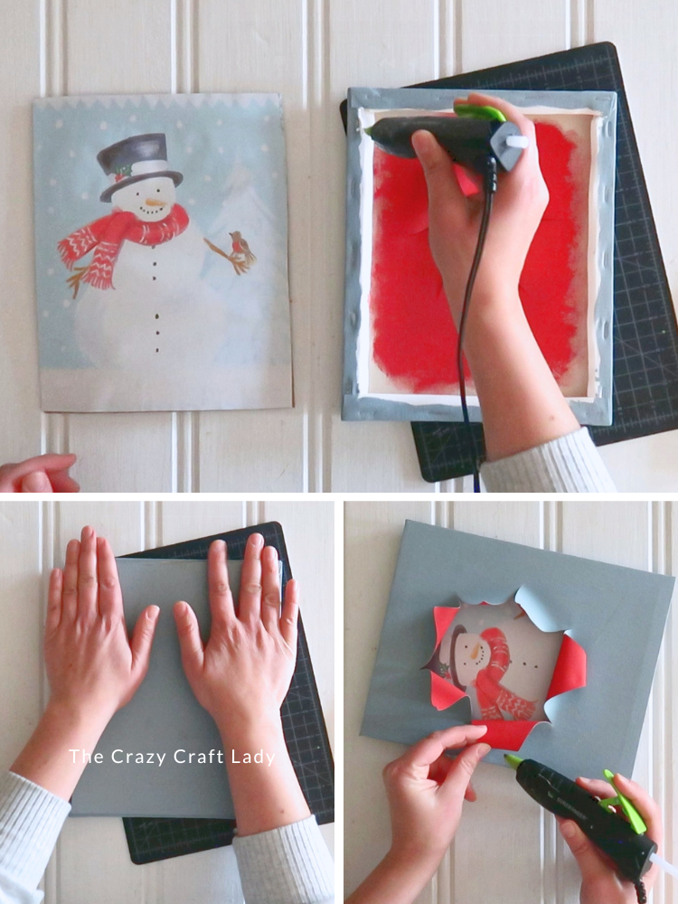hot glue backer to the stretched canvas and then glue back the rolled canvas sections