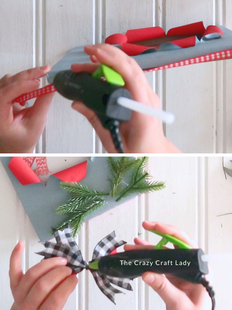 hot glue ribbon around the busted canvas edge and then hot glue on scrappy ribbon