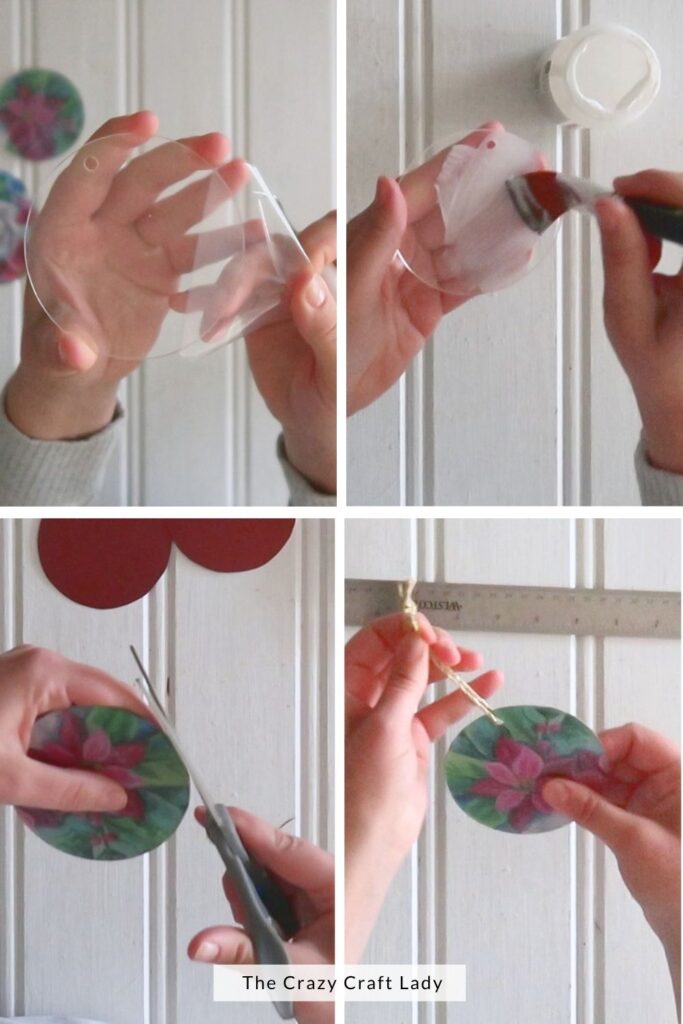 how to Mod Podge an image onto acrylic ornament circles