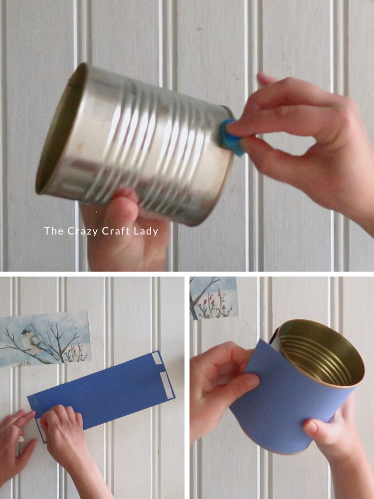 paint tin can rims gold and then tape blue cardstock piece around tin can