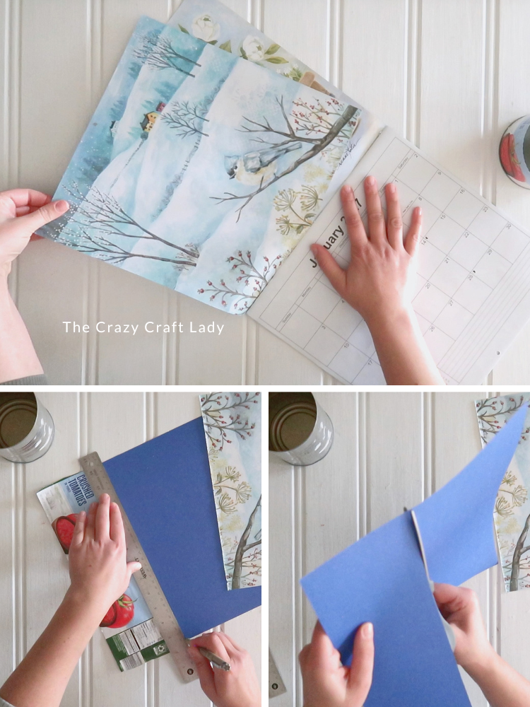 remove calendar page and cut blue cardstock piece to match size of tin can label