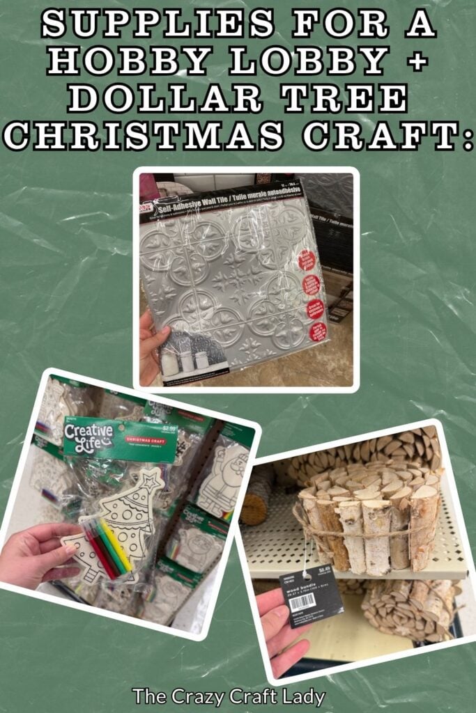 Supplies for a Hobby Lobby and Dollar Tree tin tile Christmas tree craft